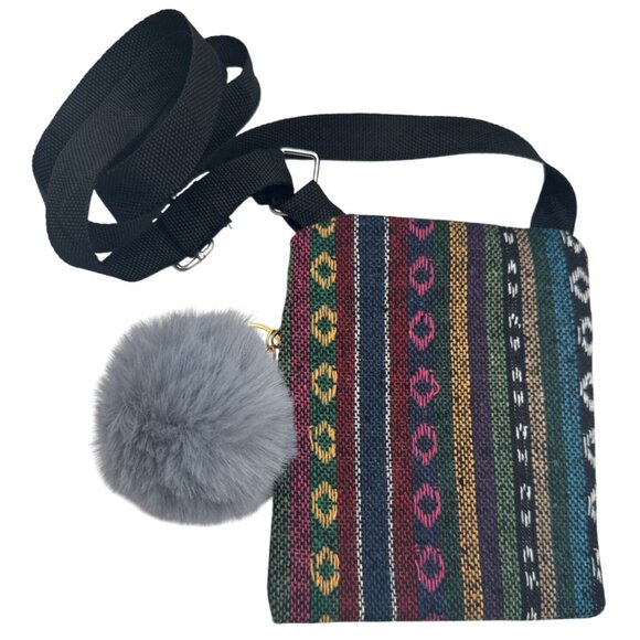 2/$30 Crossbody Bag Multicolor Stripes Gray Faux Mink Pom Pom Keychain NWT - Picture 10 of 11